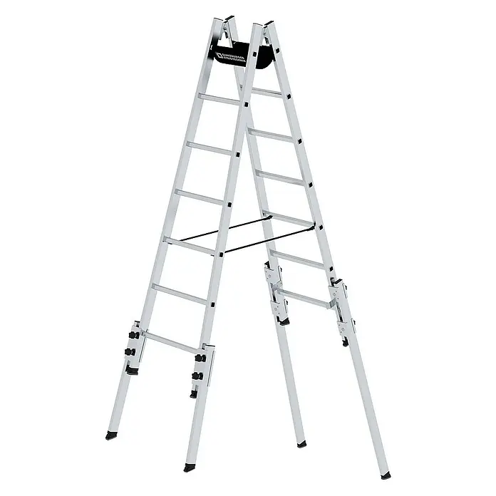 Proregal Doppel-Stehleiter treppengängig - Anzahl Tritte: 14 Stk., Arbeitshöhe: 4.200 mm, Belastbarkeit: 150 kg, Aluminium - Verstellbare silberne Aluminium-Mehrzweckleiter mit Klappfunktion.