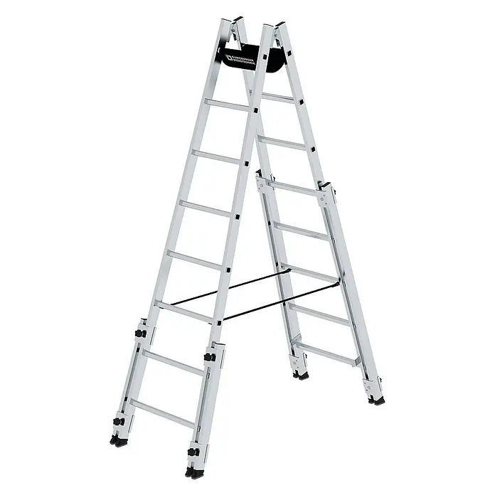 Proregal Doppel-Stehleiter treppengängig - Anzahl Tritte: 16 Stk., Arbeitshöhe: 4.500 mm, Belastbarkeit: 150 kg, Aluminium - Verstellbare, silberne Aluminium-Mehrzweckleiter in A-Form mit schwarzen Stabilisierungselementen.