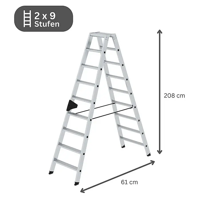 Proregal Doppel-Stehleiter beidseitig begehbar - Anzahl Tritte: 18 Stk., Arbeitshöhe: 3.600 mm, Belastbarkeit: 150 kg, Aluminium - Silberne Aluminium-Stehleiter, 2x9 Stufen, 208 cm hoch, 61 cm breit.