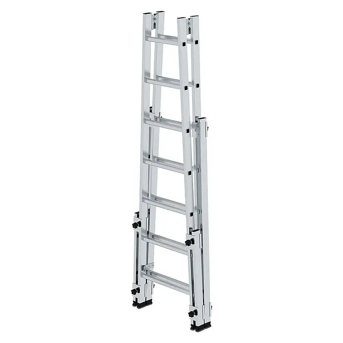 Proregal Doppel-Stehleiter treppengängig - Anzahl Tritte: 14 Stk., Arbeitshöhe: 4.200 mm, Belastbarkeit: 150 kg, Aluminium - Klappbare Aluminium-Mehrzweckleiter in Silber mit verstellbaren Segmenten.