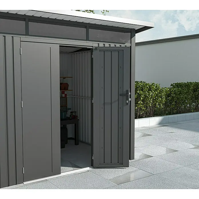 Gardol Gerätehaus Style Max - Außenmaß inkl. Dachüberstand (B x T): 289 x 253 cm, Stahl, Schwarz - Geräumiger Geräteschuppen mit geöffneter Tür, ideal zur Aufbewahrung von Gartengeräten und Werkzeugen. Robustes Design und einfache Montage.