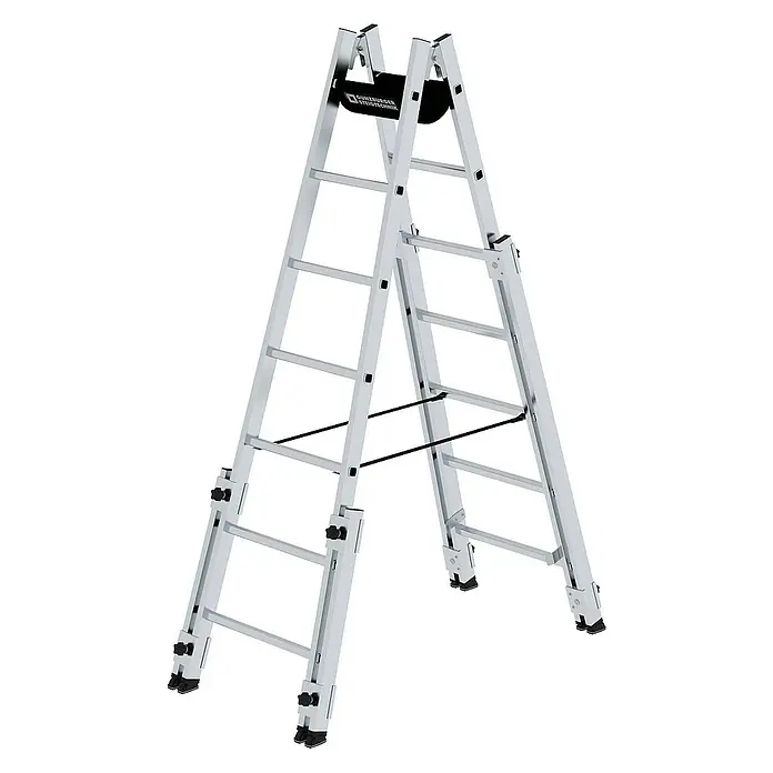 Proregal Doppel-Stehleiter treppengängig - Anzahl Tritte: 14 Stk., Arbeitshöhe: 4.200 mm, Belastbarkeit: 150 kg, Aluminium - Silberne Aluminium-Mehrzweckleiter in A-Form mit verstellbarer Höhe und Stabilisatorstangen.