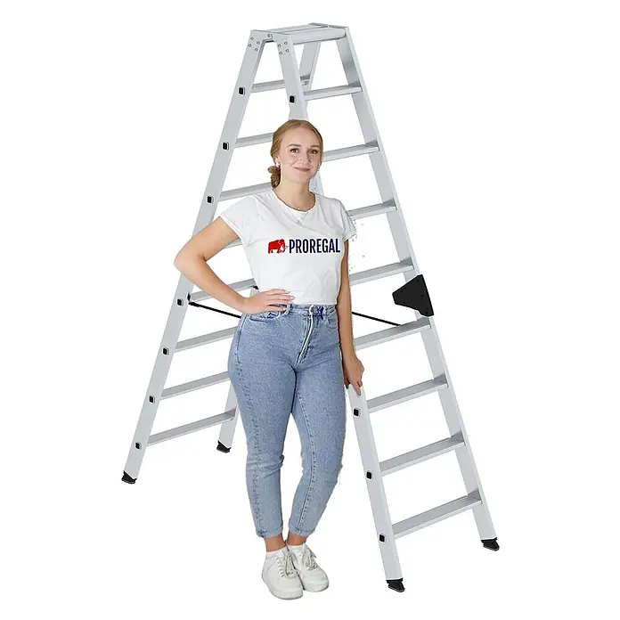 Proregal Doppel-Stehleiter beidseitig begehbar - Anzahl Tritte: 18 Stk., Arbeitshöhe: 3.600 mm, Belastbarkeit: 150 kg, Aluminium - Silberne Aluminium-Stehleiter mit einer Frau daneben zur Größenangabe.