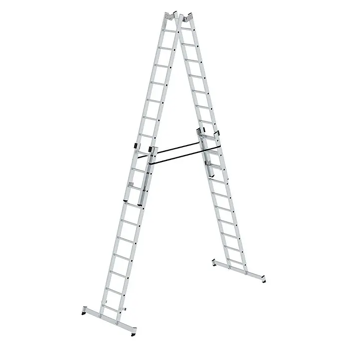 Proregal Doppel-Stehleiter 4-teilig - Anzahl Tritte: 40 Stk., Arbeitshöhe: 6.000 mm, Belastbarkeit: 150 kg, Aluminium - Silberne Aluminium-Mehrzweckleiter in A-Form mit schwarzen Stabilisierungsstangen.
