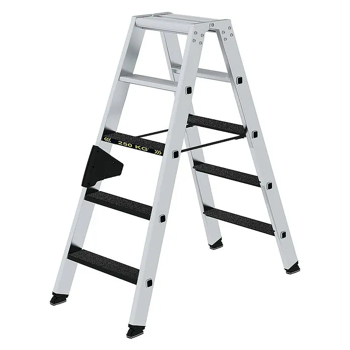 Proregal Doppel-Stehleiter mit 10 Stufen - Anzahl Tritte: 10 Stk., Arbeitshöhe: 2.700 mm, Belastbarkeit: 250 kg, Aluminium - Silberne Aluminium-Klappleiter mit schwarzen rutschfesten Stufen und einer schwarzen Ablage, Tragfähigkeit 250 kg.