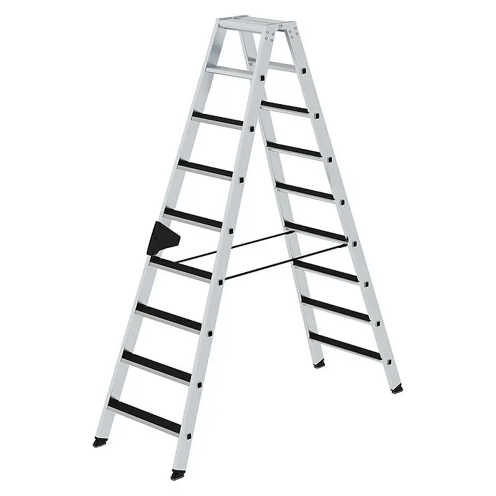 Proregal Doppel-Stehleiter beidseitig begehbar - Anzahl Tritte: 18 Stk., Arbeitshöhe: 3.600 mm, Belastbarkeit: 150 kg, Aluminium - Silberne Aluminium-Klappleiter mit schwarzen rutschfesten Sprossen und Sicherheitsgurten.