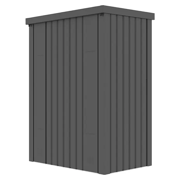 Gardol Geräteschrank Prime - Außenmaß inkl. Dachüberstand (B x T): 133 x 90 cm, Schwarz - Abbildung eines robusten, grauen Gartenschuppens. Ideal für die Aufbewahrung von Gartengeräten und Zubehör, bietet zusätzlichen Stauraum.