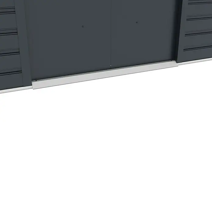 Gardol Gerätehaus Easy One Max - Außenmaß inkl. Dachüberstand (B x T): 277 x 259 cm, Stahl, Anthrazit - Nahaufnahme eines anthrazitfarbenen Gartenhauses mit silberner Bodenleiste für modernen Look und Schutz.