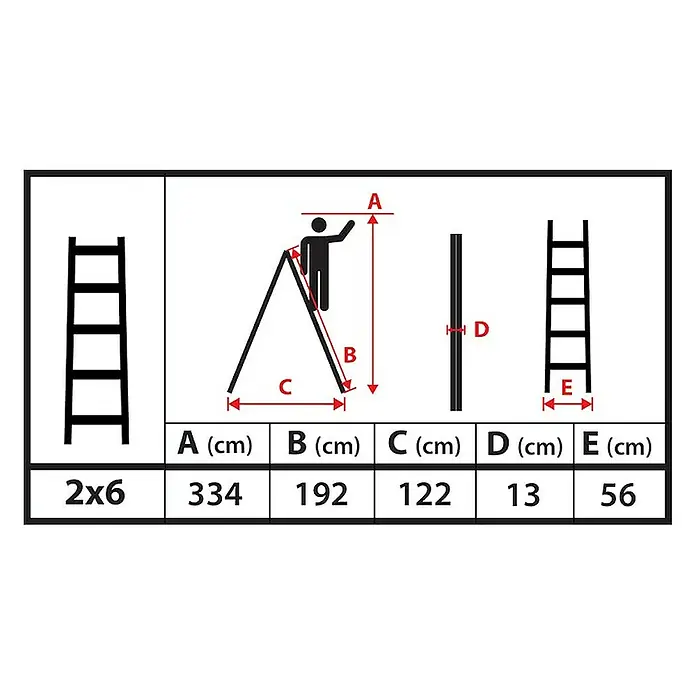 Proregal Doppel-Stehleiter mit Sicherheitsband - Anzahl Tritte: 12 Stk., Belastbarkeit: 150 kg, Holz - Diagramm mit Leiterabmessungen (Arbeitshöhe, Standhöhe, Spreizung, Breite) in A-Form und zusammengeklappten Konfigurationen, mit Werten für ein 2x6-Modell.