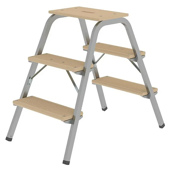 Proregal Doppel-Stehleiter mit 6 Stufen - Anzahl Tritte: 6 Stk., Arbeitshöhe: 2.600 mm, Belastbarkeit: 150 kg, Stahl - Dreistufiger Hocker mit Plattform, hellbraunen gerippten Trittflächen und silbergrauem Metallrahmen.