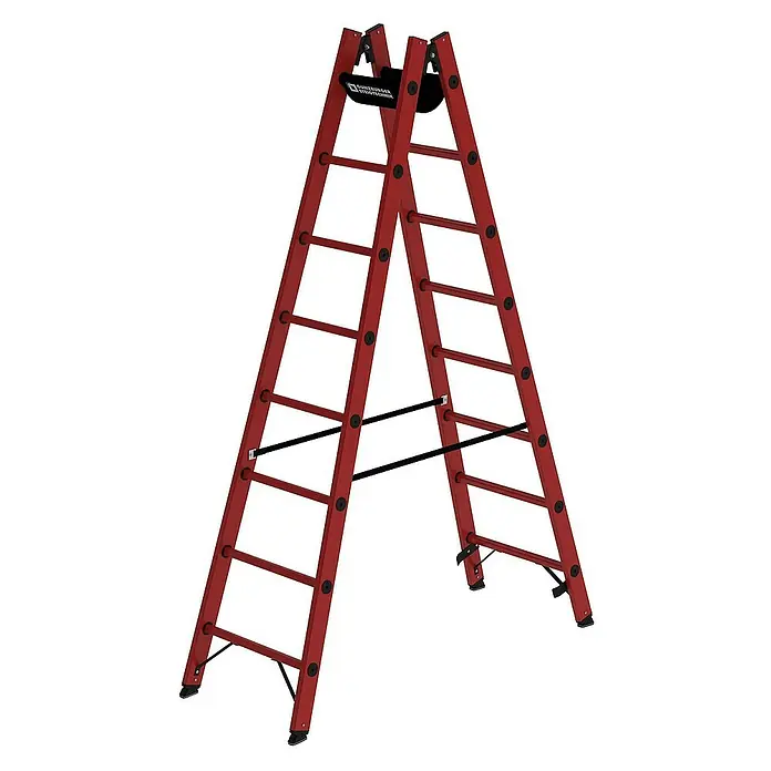 Proregal Doppel-Stehleiter mit 16 Sprossen - Anzahl Tritte: 16 Stk., Arbeitshöhe: 3.500 mm, Belastbarkeit: 150 kg, Kunststoff - Rote Stehleiter mit schwarzen rutschfesten Stufen, Sicherheitsspreizern und Füßen.