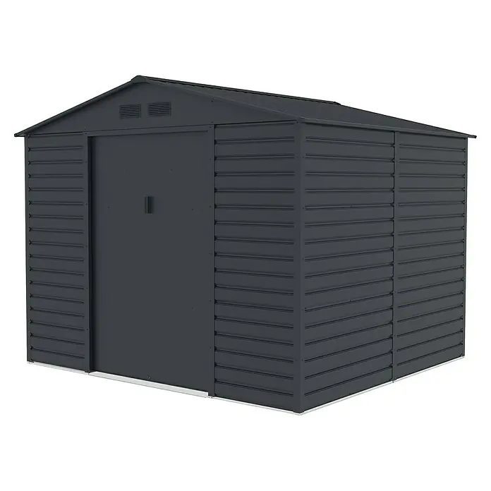 Gardol Gerätehaus Easy One Max - Außenmaß inkl. Dachüberstand (B x T): 277 x 259 cm, Stahl, Anthrazit - Das Bild zeigt ein geräumiges, anthrazitfarbenes Metallgartenhaus, ideal für die Aufbewahrung von Gartengeräten und Werkzeugen.