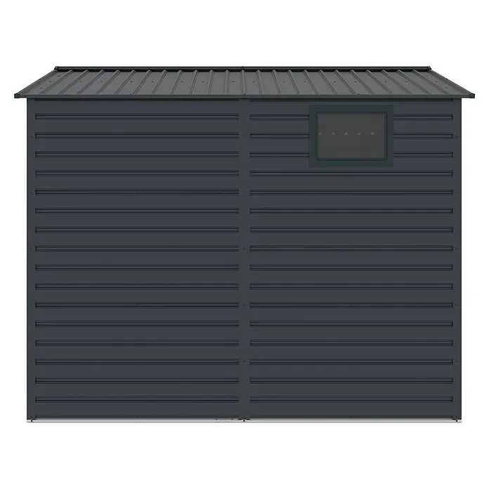 Gardol Gerätehaus Easy One Max - Außenmaß inkl. Dachüberstand (B x T): 277 x 259 cm, Stahl, Anthrazit - Ansicht eines grauen Gerätehauses mit einem Fenster und horizontalen Streifen, das robust und wetterfest ist.
