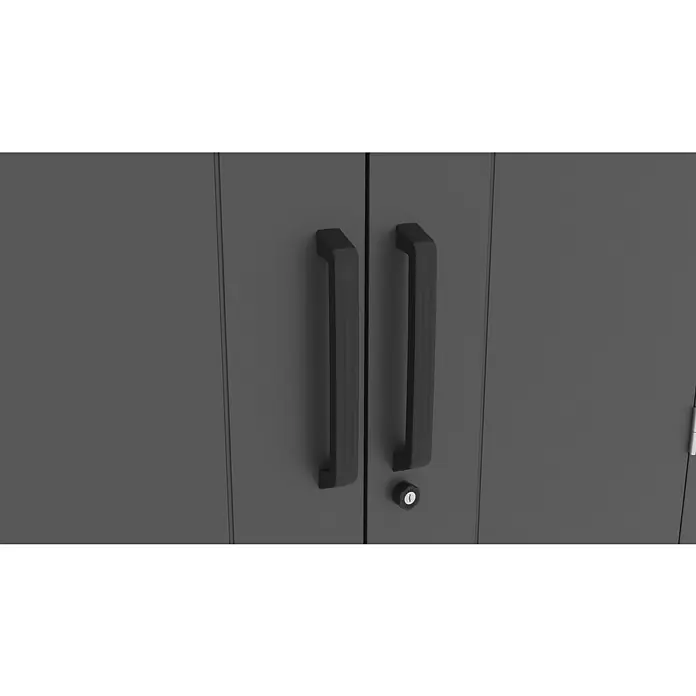 Gardol Geräteschrank Prime - Außenmaß inkl. Dachüberstand (B x T): 133 x 90 cm, Schwarz - Nahaufnahme eines grauen Schranks mit zwei schwarzen Griffen und einem Schloss, der sich ideal für die Aufbewahrung eignet.