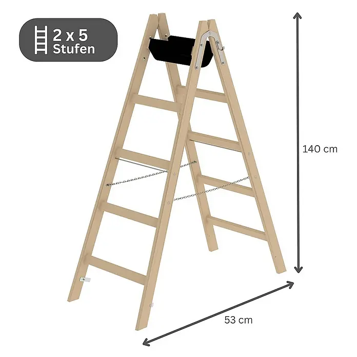 Proregal Doppel-Stehleiter mit 10 Sprossen - Anzahl Tritte: 10 Stk., Arbeitshöhe: 2.800 mm, Belastbarkeit: 150 kg, Holz - Klappbare Holzleiter mit 2x5 Stufen, 140 cm hoch, 53 cm breit, mit schwarzer Ablage und Sicherheitsketten.