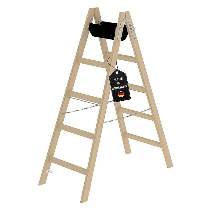 Proregal Doppel-Stehleiter mit 10 Sprossen - Anzahl Tritte: 10 Stk., Arbeitshöhe: 2.800 mm, Belastbarkeit: 150 kg, Holz - Leichte Holz-Klappleiter mit Sicherheitsketten und "Made in Germany" Etikett.