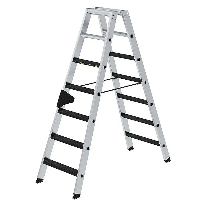 Proregal Doppel-Stehleiter mit 14 Stufen - Anzahl Tritte: 14 Stk., Arbeitshöhe: 3.150 mm, Belastbarkeit: 250 kg, Aluminium - Robuste silberne Aluminium-Klappleiter mit schwarzen rutschfesten Stufen, 250 KG Tragkraft.