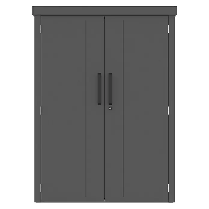 Gardol Geräteschrank Prime - Außenmaß inkl. Dachüberstand (B x T): 133 x 90 cm, Schwarz - Graue Doppeltür mit zwei Griffen und einem Schloss. Optimal für den Außenbereich, robust und abschließbar.