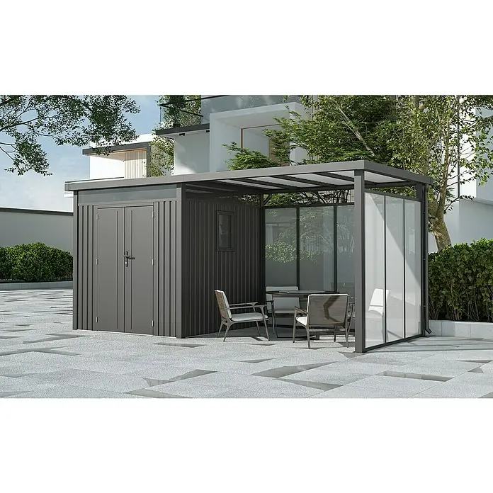 Gardol Rück- & Seitenwand Milchglas-Optik Cubus - Höhe: 190 cm, Passend für: Gardol Gerätehaus-Anbau Cubus & Cubus Max - Ein modernes Gartenhaus mit integriertem Sitzbereich. Das Haus bietet Stauraum und der überdachte Bereich lädt zum Verweilen ein.