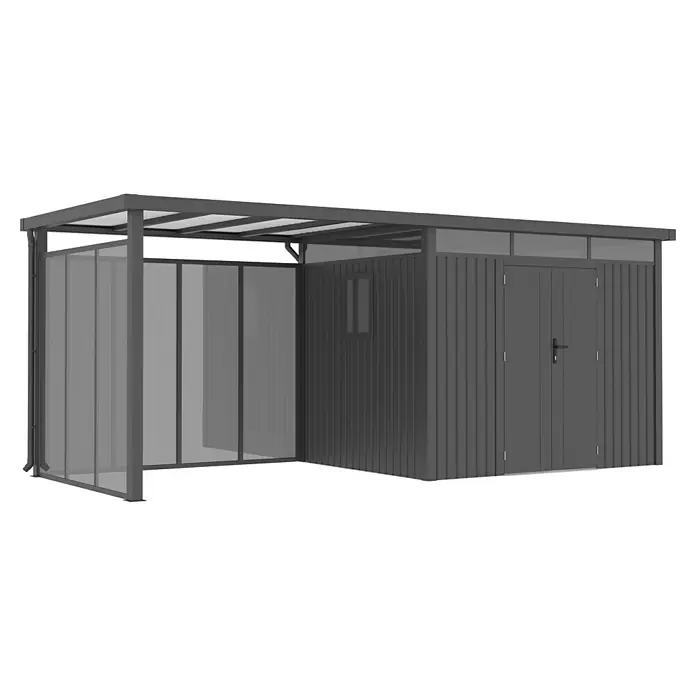 Gardol Rück- & Seitenwand Milchglas-Optik Cubus - Höhe: 190 cm, Passend für: Gardol Gerätehaus-Anbau Cubus & Cubus Max - Abbildung eines modernen Gartenhauses mit Carport, ideal zur Aufbewahrung und als Unterstand im Außenbereich.