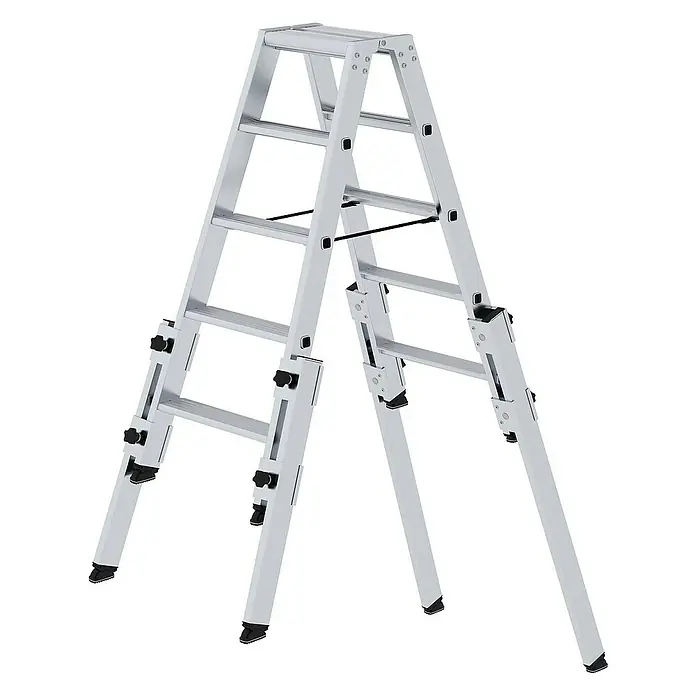 Proregal Doppel-Stehleiter treppengängig - Anzahl Tritte: 10 Stk., Arbeitshöhe: 2.950 mm, Belastbarkeit: 150 kg, Aluminium - Silberfarbene Aluminium-Mehrzweckleiter mit verstellbaren Abschnitten und schwarzen Standfüßen.