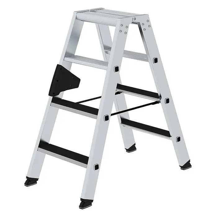 Proregal Doppel-Stehleiter beidseitig begehbar - Anzahl Tritte: 8 Stk., Arbeitshöhe: 2.450 mm, Belastbarkeit: 150 kg, Aluminium - Silberne Aluminium-Klappleiter mit schwarzen rutschfesten Stufen und Füßen, inklusive seitlicher Ablage.