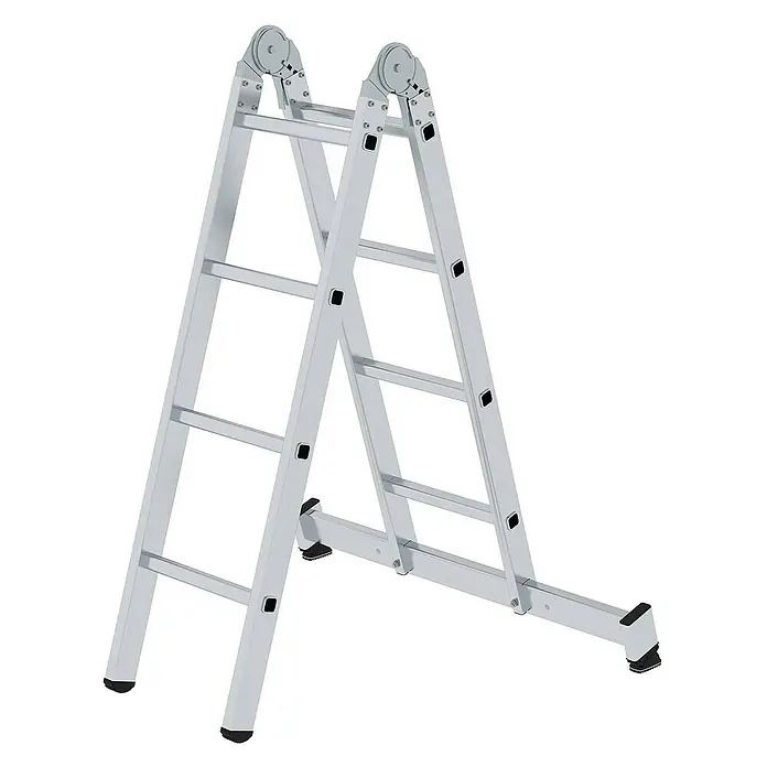 Proregal Doppel-Stehleiter 2-teilig - Anzahl Tritte: 8 Stk., Arbeitshöhe: 3.600 mm, Belastbarkeit: 150 kg, Aluminium - Silberne Aluminium-Gelenkleiter mit schwarzen Anti-Rutsch-Füßen, als Stehleiter aufgestellt.