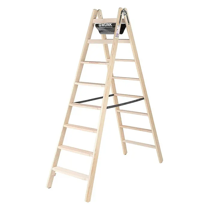 Proregal Doppel-Stehleiter mit 16 Stufen - Anzahl Tritte: 16 Stk., Arbeitshöhe: 3.410 mm, Belastbarkeit: 150 kg, Holz - Klappbare Holz-Stehleiter mit mehreren Sprossen und schwarzen Metallstreben.