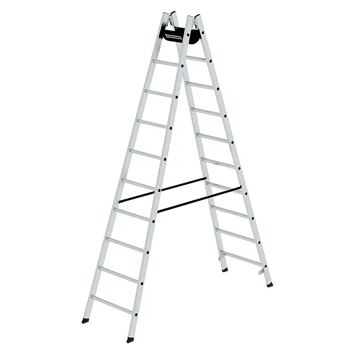 Proregal Doppel-Stehleiter 2x10-Sprossen - Anzahl Tritte: 20 Stk., Arbeitshöhe: 4.100 mm, Belastbarkeit: 150 kg, Aluminium - Silberne Aluminium-Stehleiter für vielseitige Arbeiten. Mit schwarzen Antirutschfüßen und Stabilisierungsstangen.