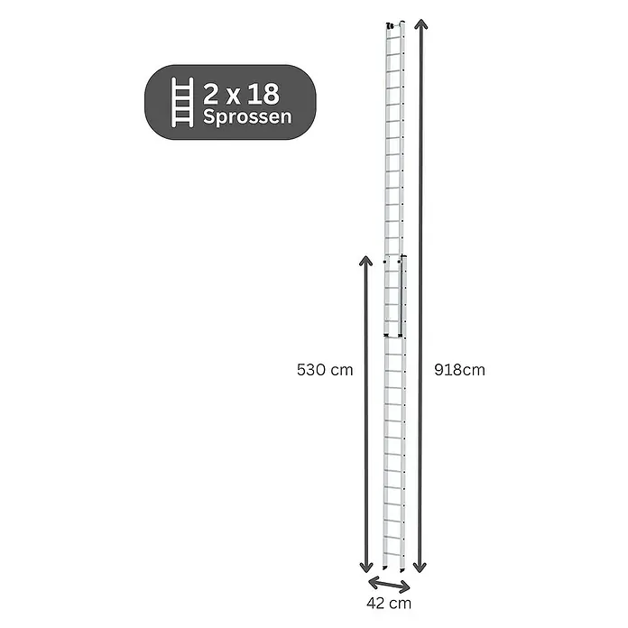Proregal Schiebeleiter 2-teilig - Anzahl Tritte: 36 Stk., Arbeitshöhe: 10.300 mm, Belastbarkeit: 150 kg, Aluminium - Silberne zweiteilige Ausziehleiter mit 2x18 Sprossen, 42 cm breit, ausziehbar von 530 cm auf 918 cm.