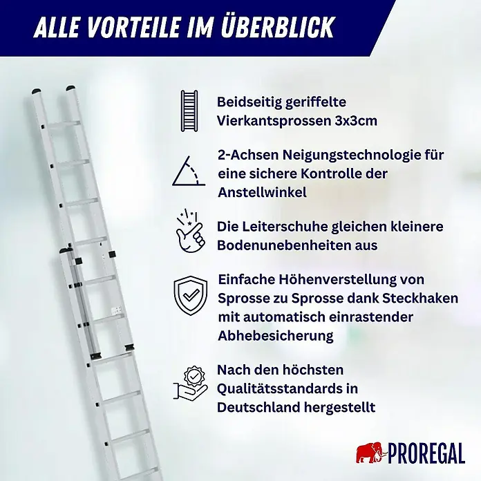 Proregal Schiebeleiter 2-teilig - Anzahl Tritte: 36 Stk., Arbeitshöhe: 10.300 mm, Belastbarkeit: 150 kg, Aluminium - Silberne Aluminium-Mehrzweckleiter.