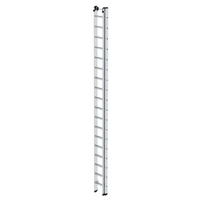 Proregal Schiebeleiter 2-teilig - Anzahl Tritte: 36 Stk., Arbeitshöhe: 10.300 mm, Belastbarkeit: 150 kg, Aluminium - Lange silberne Aluminium-Schiebeleiter mit vielen Sprossen, oberen Transportrollen und schwarzen Füßen.