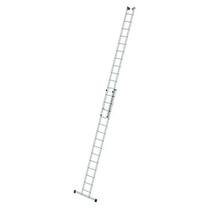 Proregal Schiebeleiter 2-teilig - Anzahl Tritte: 28 Stk., Arbeitshöhe: 8.300 mm, Belastbarkeit: 150 kg, Aluminium - Silberne, zweigeteilte Ausziehleiter mit Sprossen, einsatzbereit.