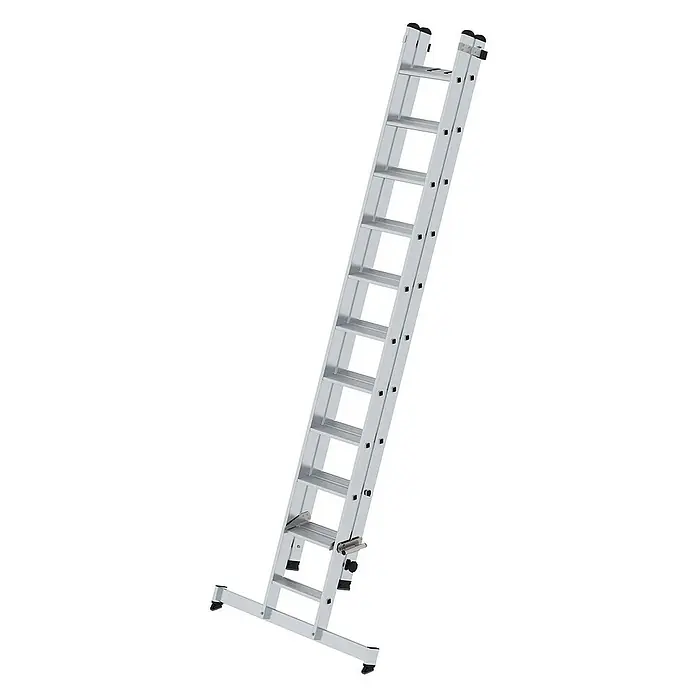 Proregal Schiebeleiter 2-teilig - Anzahl Tritte: 10 Stk., Arbeitshöhe: 6.200 mm, Belastbarkeit: 150 kg, Aluminium - Silberfarbene Aluminium-Mehrzweck-Ausziehleiter mit breiter Stabilisatorstange am Fuß.