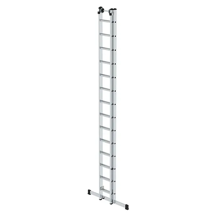 Proregal Schiebeleiter 2-teilig - Anzahl Tritte: 28 Stk., Arbeitshöhe: 8.300 mm, Belastbarkeit: 150 kg, Aluminium - Silberne Aluminium-Ausziehleiter mit schwarzen Standfüßen und oberen Rollen.