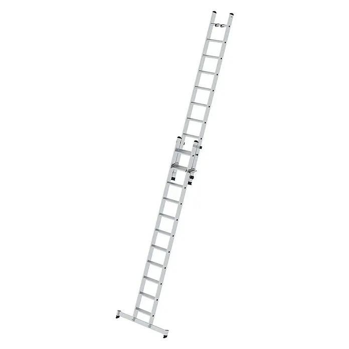 Proregal Schiebeleiter 2-teilig - Anzahl Tritte: 10 Stk., Arbeitshöhe: 6.200 mm, Belastbarkeit: 150 kg, Aluminium - Silberne Aluminium-Ausziehleiter mit breiter Stabilisatorstange am Fuß.