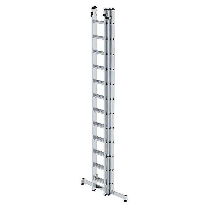 Proregal Schiebeleiter 3-teilig - Anzahl Tritte: 42 Stk., Arbeitshöhe: 10.800 mm, Belastbarkeit: 150 kg, Aluminium - Silberne Aluminium-Mehrzweck-Ausziehleiter mit Stabilisatoren.