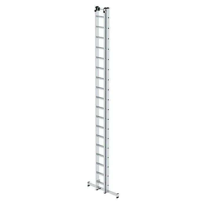 Proregal Schiebeleiter 2-teilig - Anzahl Tritte: 24 Stk., Arbeitshöhe: 7.200 mm, Belastbarkeit: 150 kg, Aluminium - Silberne zweigeteilte Aluminium-Ausziehleiter mit Stabilisator an der Basis und Rollen oben.
