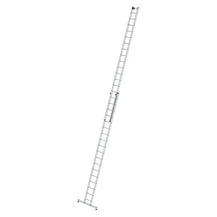 Proregal Schiebeleiter 2-teilig - Anzahl Tritte: 24 Stk., Arbeitshöhe: 7.200 mm, Belastbarkeit: 150 kg, Aluminium - Lange, silberne Aluminium-Ausziehleiter mit Stabilisator an der Basis und Rollen oben zur einfachen Positionierung.