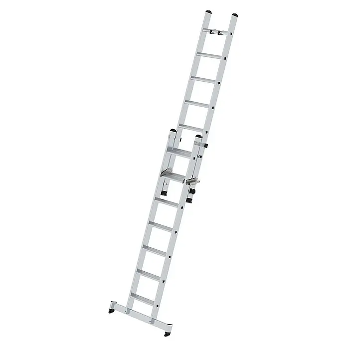 Proregal Schiebeleiter 2-teilig - Anzahl Tritte: 14 Stk., Arbeitshöhe: 4.400 mm, Belastbarkeit: 150 kg, Aluminium - Silberne Aluminium-Ausziehleiter mit Stabilisierungsbalken am Fuß.
