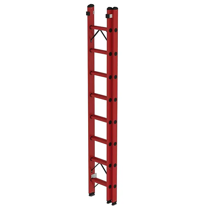 Proregal Schiebeleiter mit 16 Sprossen - Anzahl Tritte: 16 Stk., Arbeitshöhe: 5.200 mm, Belastbarkeit: 150 kg, Kunststoff - Rote ausziehbare Leiter mit schwarzen Sprossen, Verbindungspunkten und rutschfesten Füßen.