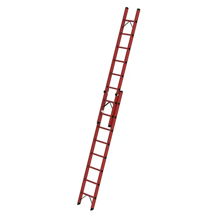 Proregal Schiebeleiter mit 16 Sprossen - Anzahl Tritte: 16 Stk., Arbeitshöhe: 5.200 mm, Belastbarkeit: 150 kg, Kunststoff - Eine rote Glasfaser-Ausziehleiter mit zwei Abschnitten, nach oben ausgefahren.