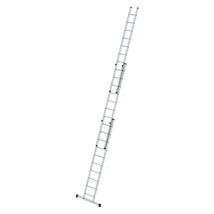 Proregal Schiebeleiter 3-teilig - Anzahl Tritte: 24 Stk., Arbeitshöhe: 6.900 mm, Belastbarkeit: 150 kg, Aluminium - Silberne Aluminium-Ausziehleiter mit schwarzen rutschfesten Füßen und Sprossen.