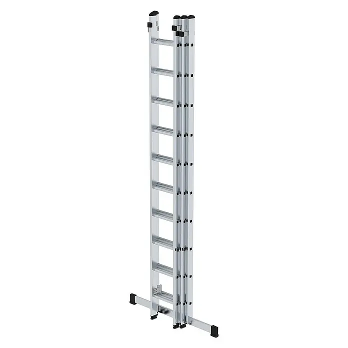 Proregal Schiebeleiter 3-teilig - Anzahl Tritte: 24 Stk., Arbeitshöhe: 6.900 mm, Belastbarkeit: 150 kg, Aluminium - Silberfarbene Aluminium-Mehrzweckleiter mit Stabilisierungsfüßen, teilweise eingefahren dargestellt.