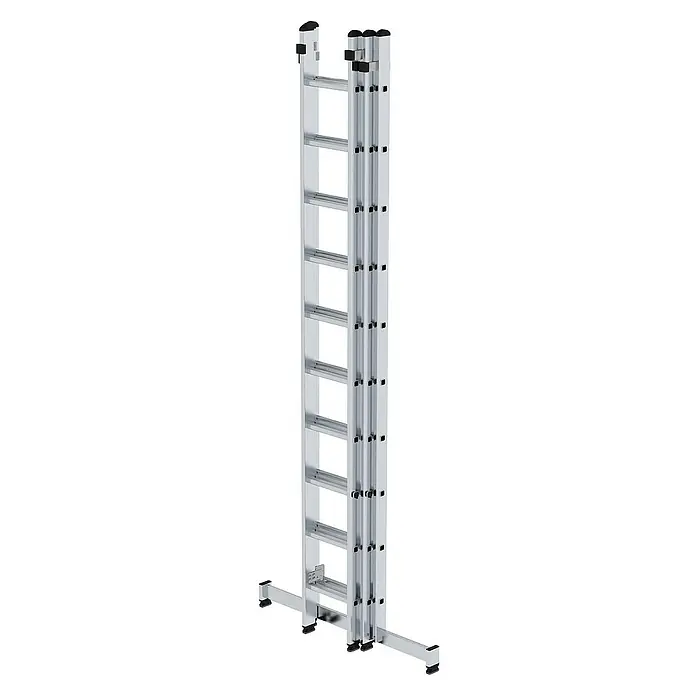 Proregal Schiebeleiter 3-teilig - Anzahl Tritte: 30 Stk., Arbeitshöhe: 8.000 mm, Belastbarkeit: 150 kg, Aluminium - Mehrzweck-Ausziehleiter aus silbernem Aluminium mit breiter Stabilisierungsstange am Boden.