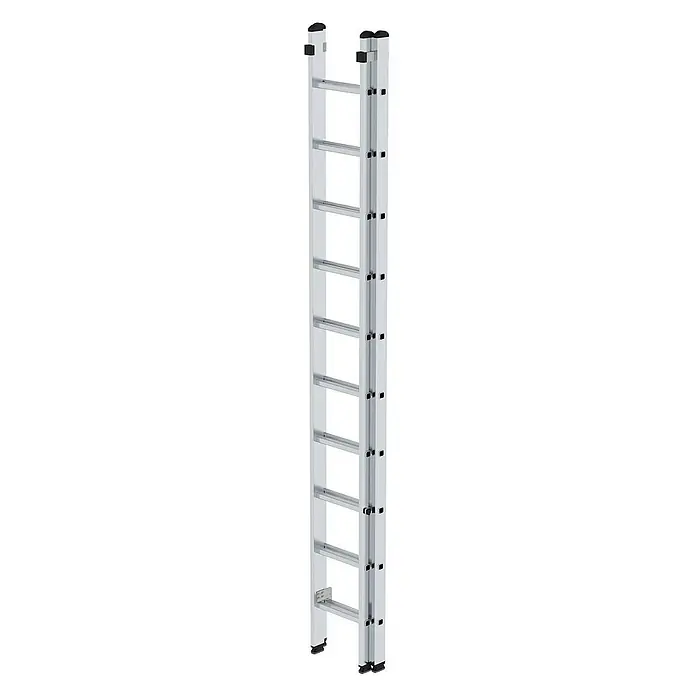 Proregal Schiebeleiter 2-teilig - Anzahl Tritte: 20 Stk., Arbeitshöhe: 6.000 mm, Belastbarkeit: 150 kg, Aluminium - Silberne Aluminium-Ausziehleiter mit schwarzen Anti-Rutsch-Füßen und Kappen.