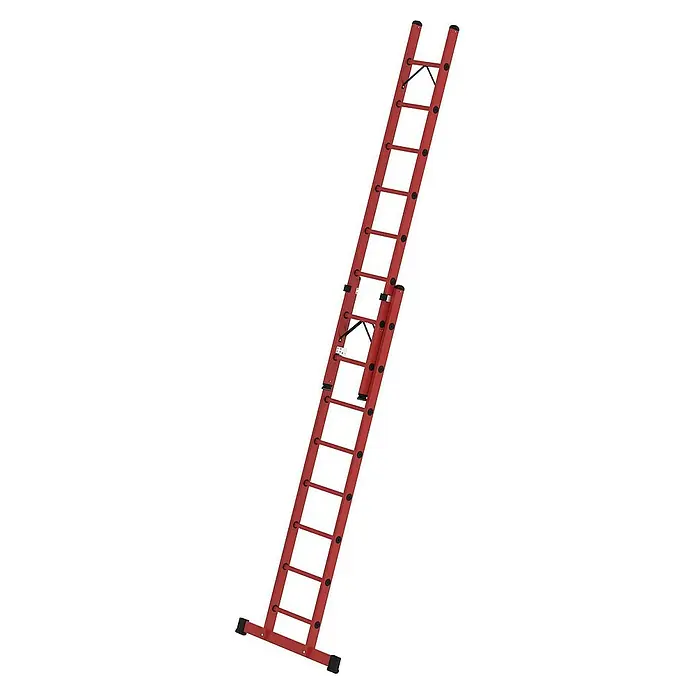 Proregal Schiebeleiter 2-teilig - Anzahl Tritte: 16 Stk., Arbeitshöhe: 5.200 mm, Belastbarkeit: 150 kg, Kunststoff - Rote zweiteilige Auszugsleiter mit verstellbarer Höhe und rutschfesten Füßen.