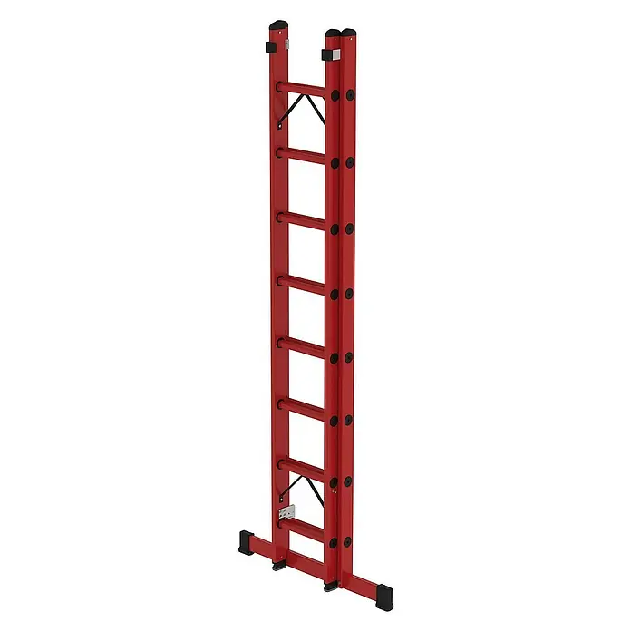 Proregal Schiebeleiter 2-teilig - Anzahl Tritte: 16 Stk., Arbeitshöhe: 5.200 mm, Belastbarkeit: 150 kg, Kunststoff - Rote Klappleiter mit breitem, stabilem Standfuß.