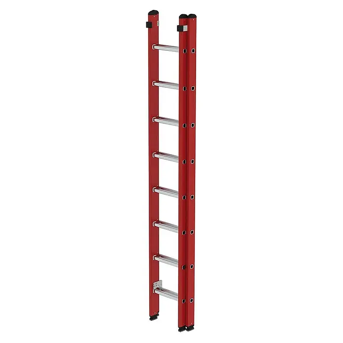 Proregal Schiebeleiter 2-teilig - Anzahl Tritte: 16 Stk., Arbeitshöhe: 5.300 mm, Belastbarkeit: 150 kg, Aluminium - Rote Modulleiter mit silbernen Sprossen und schwarzen Kappen, für vielseitigen Zugang und Verlängerung.