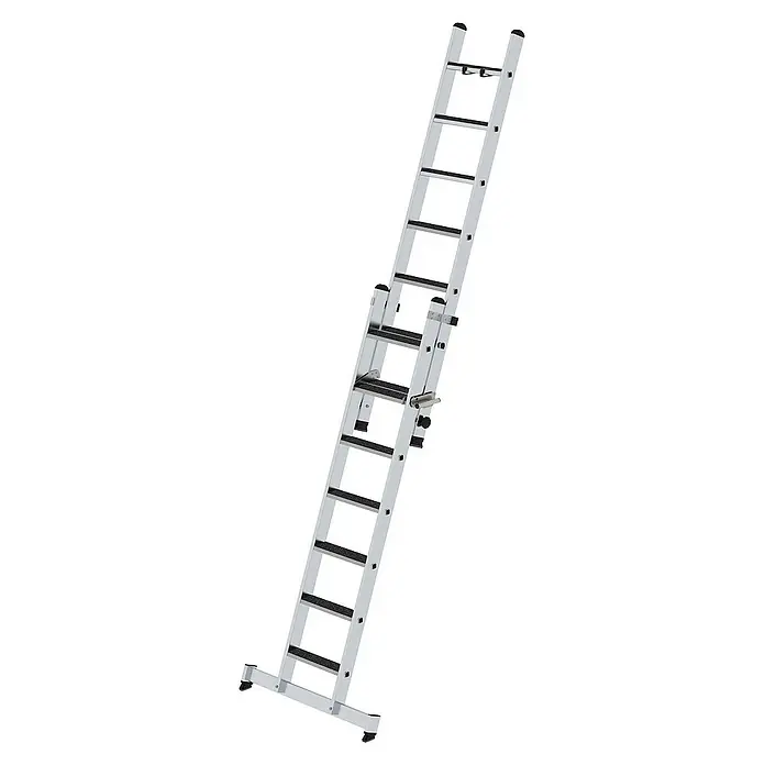 Proregal Schiebeleiter 2-teilig - Anzahl Tritte: 14 Stk., Arbeitshöhe: 4.400 mm, Belastbarkeit: 150 kg, Aluminium - Silberne Aluminium-Mehrzweckleiter mit schwarzen rutschfesten Sprossen, verstellbaren Abschnitten und einer Stabilisierungsstange.